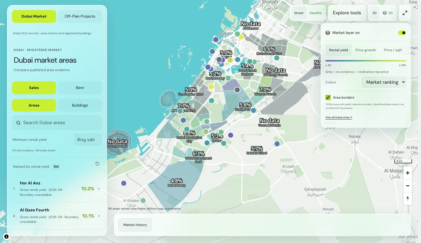RealSight map of Dubai coloured by rental yield